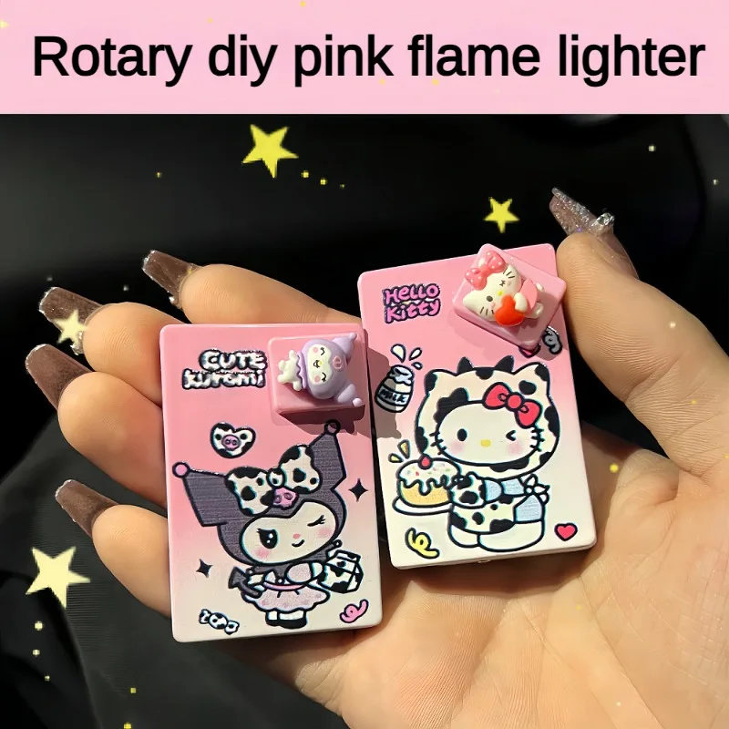 

New Design DIY Cute Cartoon Lighter Pink flame Straight Fire Windproof Cigar Lighter Metal Butane Gas Fuel lighter Smoking Tool