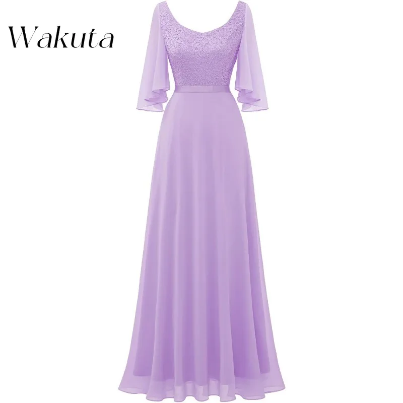 Wakuta Women's Bridesmaid Robe for Wedding Guest Formal Long Prom Mother Bride Lace Chiffon Evening Gowns Платье Для Мамы Жениха