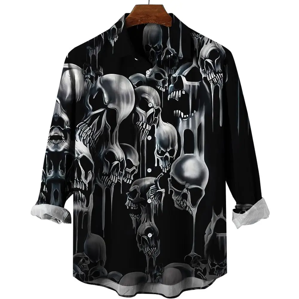 Skull Long Sleeve Shirt 3d Print Party Men\'s Shirt Retro Street Casual Fashion Men Skull Button Long Sleeve Shirt Men Clothing