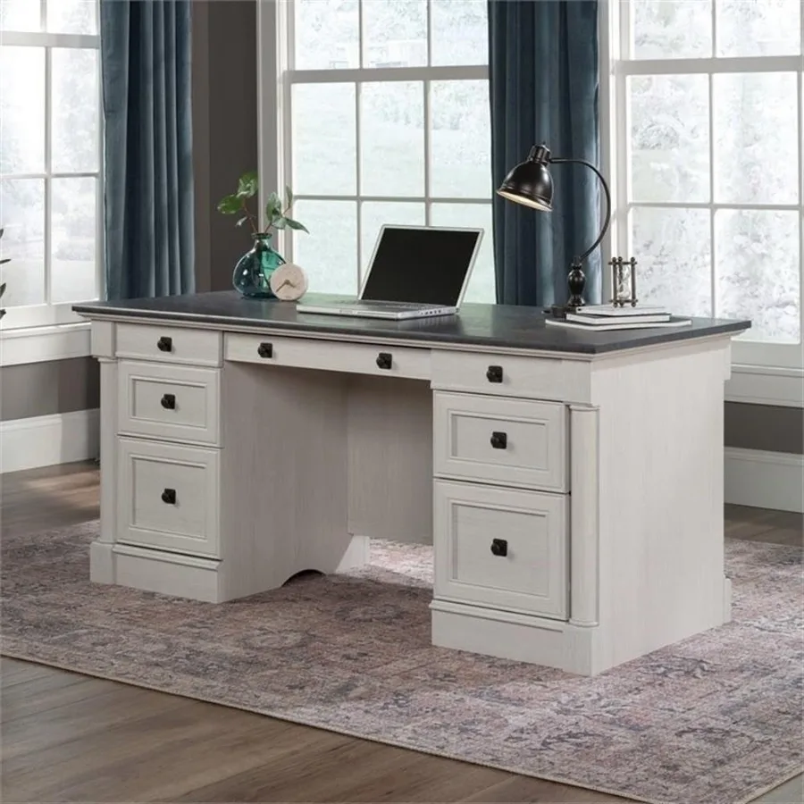 Office Desk with Drawers, Executive Desk with File Cabinet Storage, Cable Management, Keyboard Tray, in Glacier Oak Finish