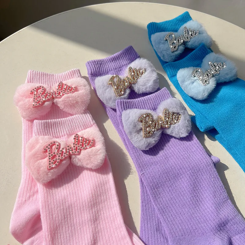 Kawaii Dopamine Socks Girls Calf Socks Three-Dimensional Plush Butterfly Cartoon Anime Knot Barbie Cute Mid-Length Socks Cotton