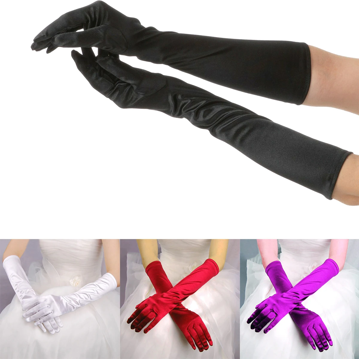 Guantes largos de satén elástico para disfraces de boda, accesorios de ropa, tela de satén elástica de licra, 38cm