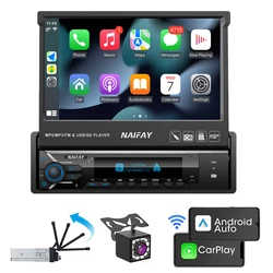 7 Inch Car Radio 1 Din Retractable Touchscreen Android Auto Carplay Car Video Player with Rear View Camera Bluetooth USB/AUX/TF