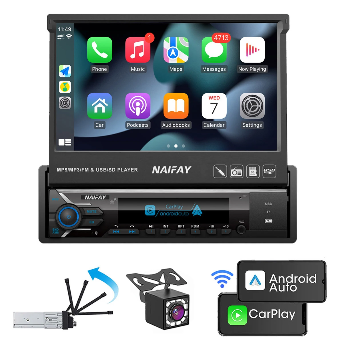 7 Inch Car Radio 1 Din Retractable Touchscreen Android Auto Carplay Car Video Player with Rear View Camera Bluetooth USB/AUX/TF