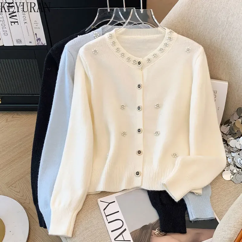 Pearl Beaded Knitted Cardigan Sweater Women 2024 Autumn Elegant Fashion Long Sleeve Single-breasted Knitwear Tops Ladies Jumpers