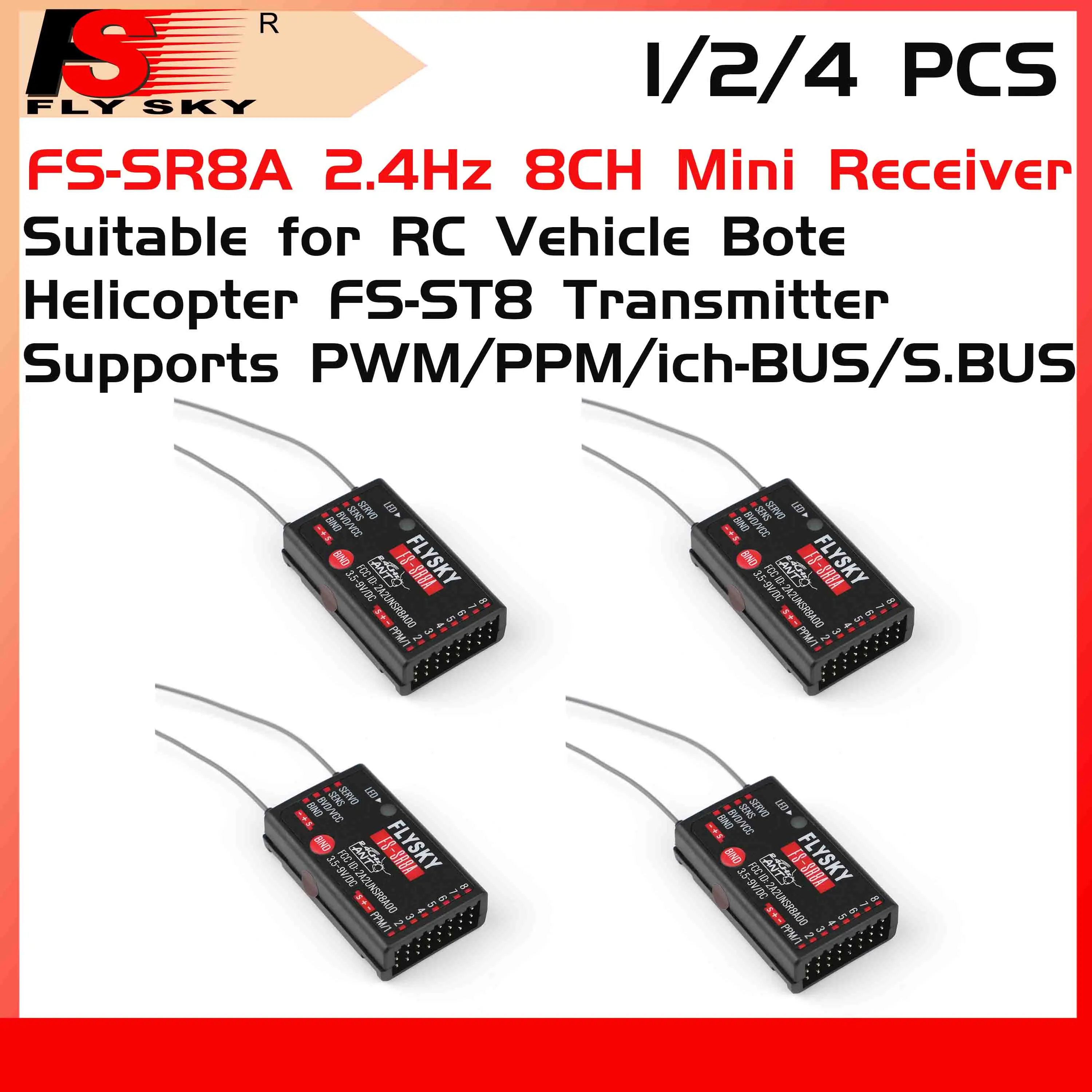 1/2/4PCS FLYSKY FS-SR8A 2.4GHz Mini Receiver Remote Control for FS-ST8 Radio Transmitter RC Car Airplane Helicopter FPV Drone