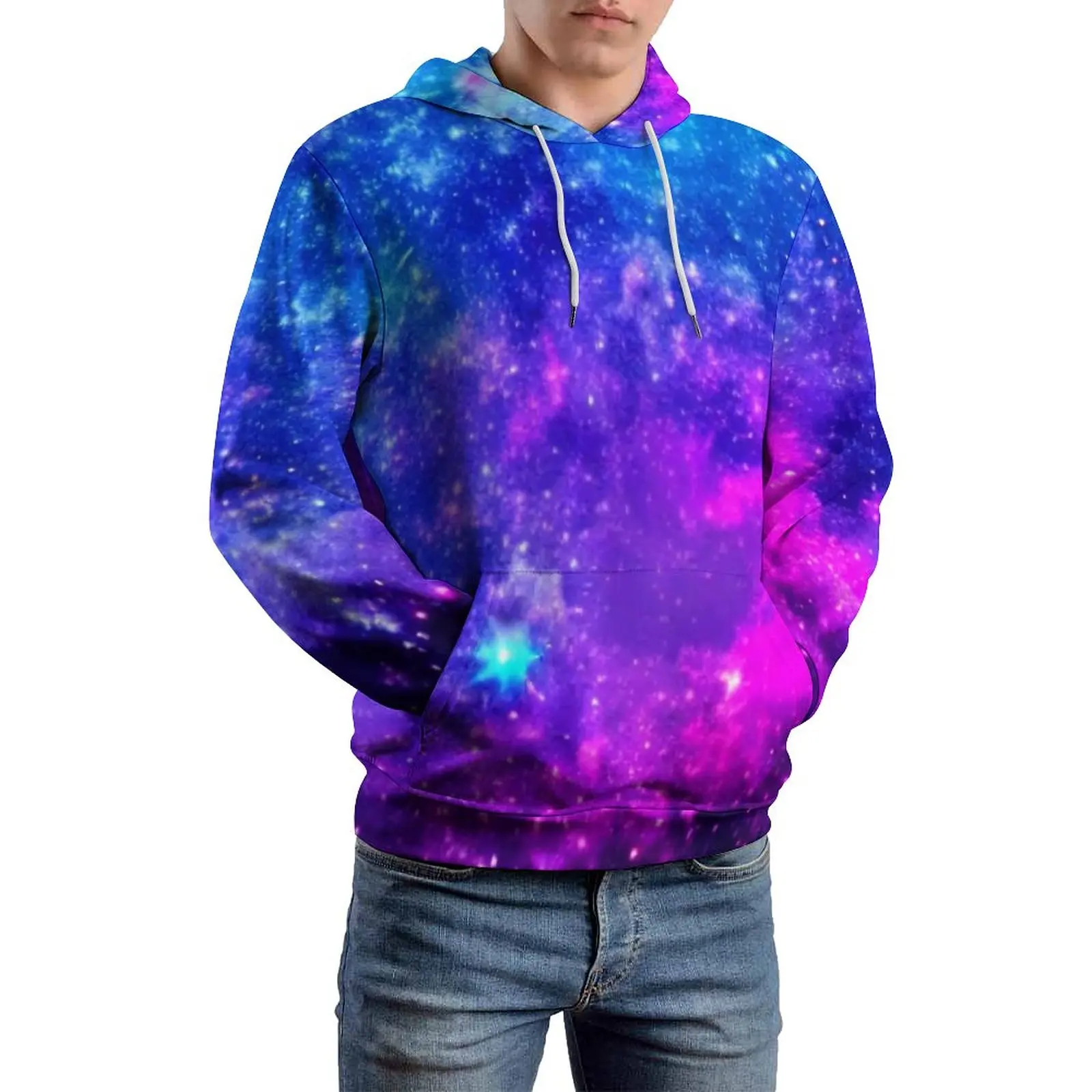 Abstract Galaxy Loose Hoodies Blue and Pink Retro Pullover Hoodie Unisex Long Sleeve Oversized Casual Custom Clothing