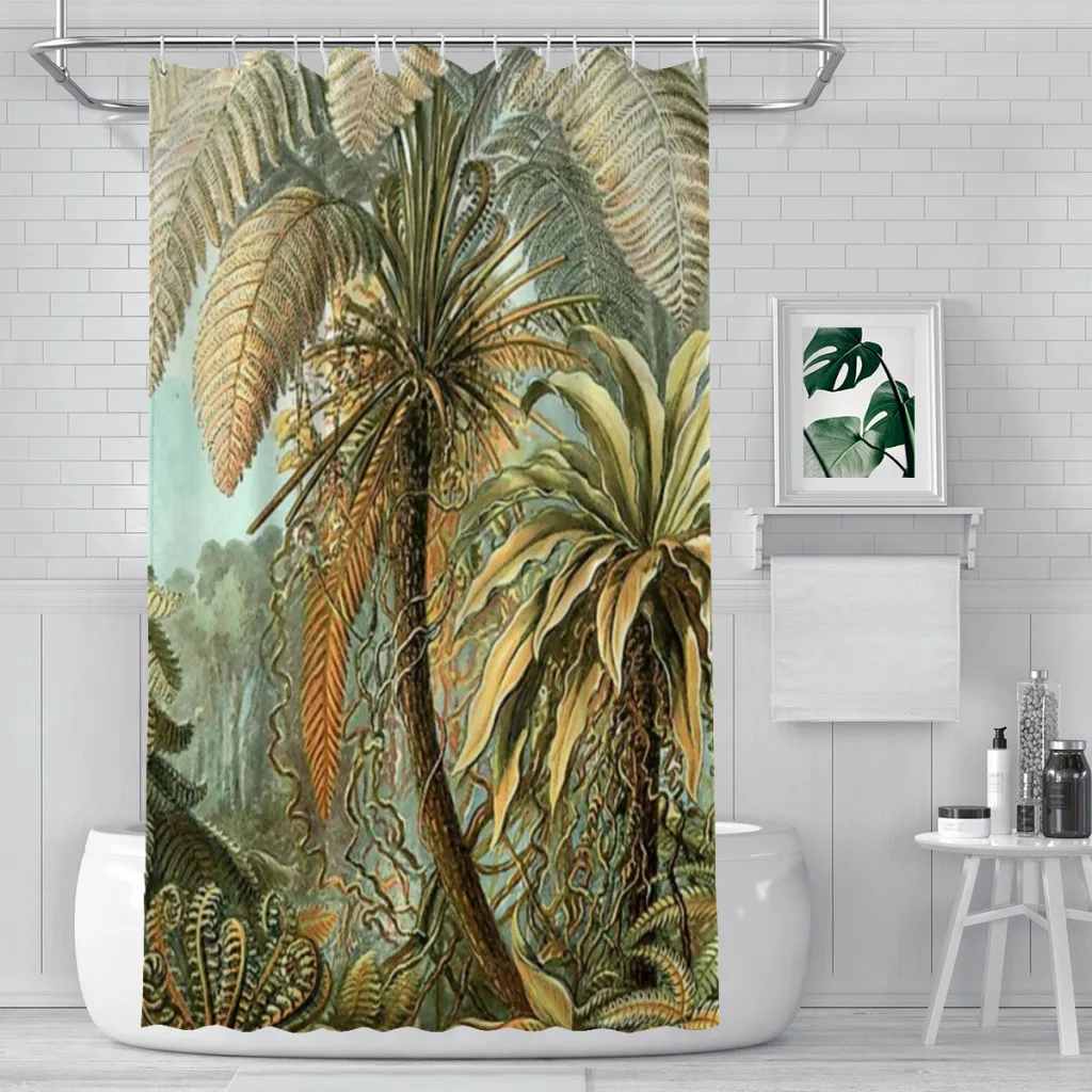 

Vintage Tropical Palm Illustration Painting Artwork Shower Curtain Landscape Bath Curtain With Hooks