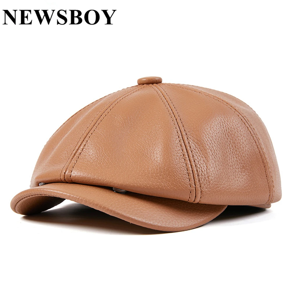 

NEWSBOY Genuine Leather Hats For Men High Quality Octagonal Cap Autumn Winter Real Cowskin Warm Men's Beret Big Size XL