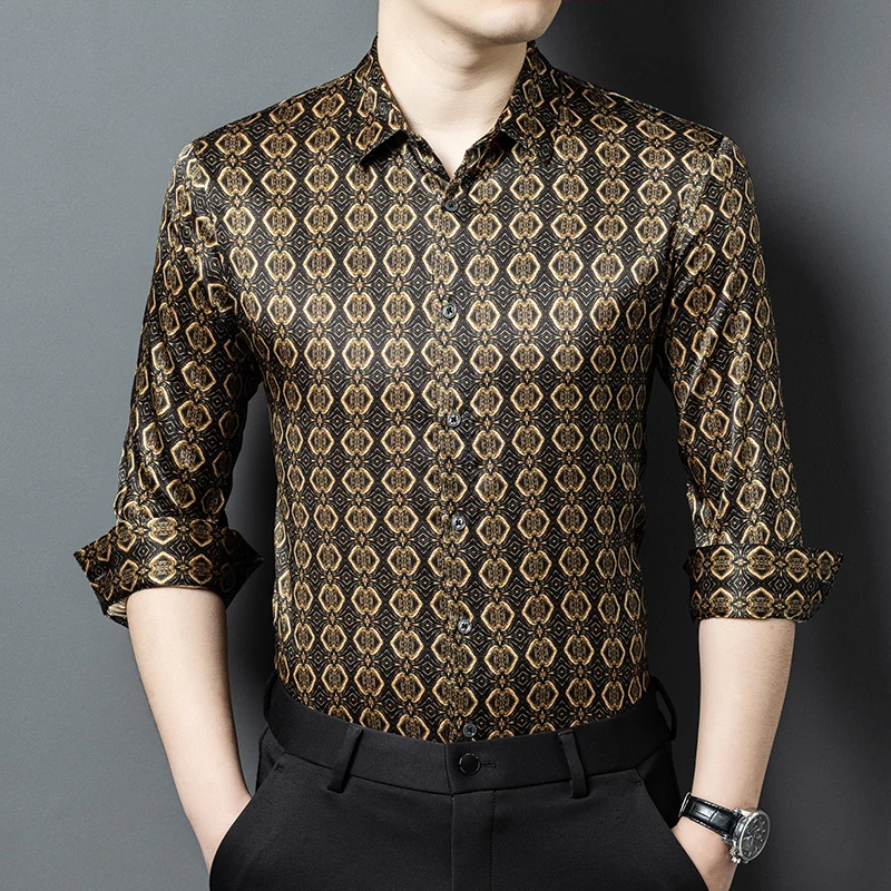 

90.8% Silk High-End Shirts For Men Long Sleeve Vintage 3D Print Summer Quality Coolness Skin-Friendly Designer Camisas De Hombre