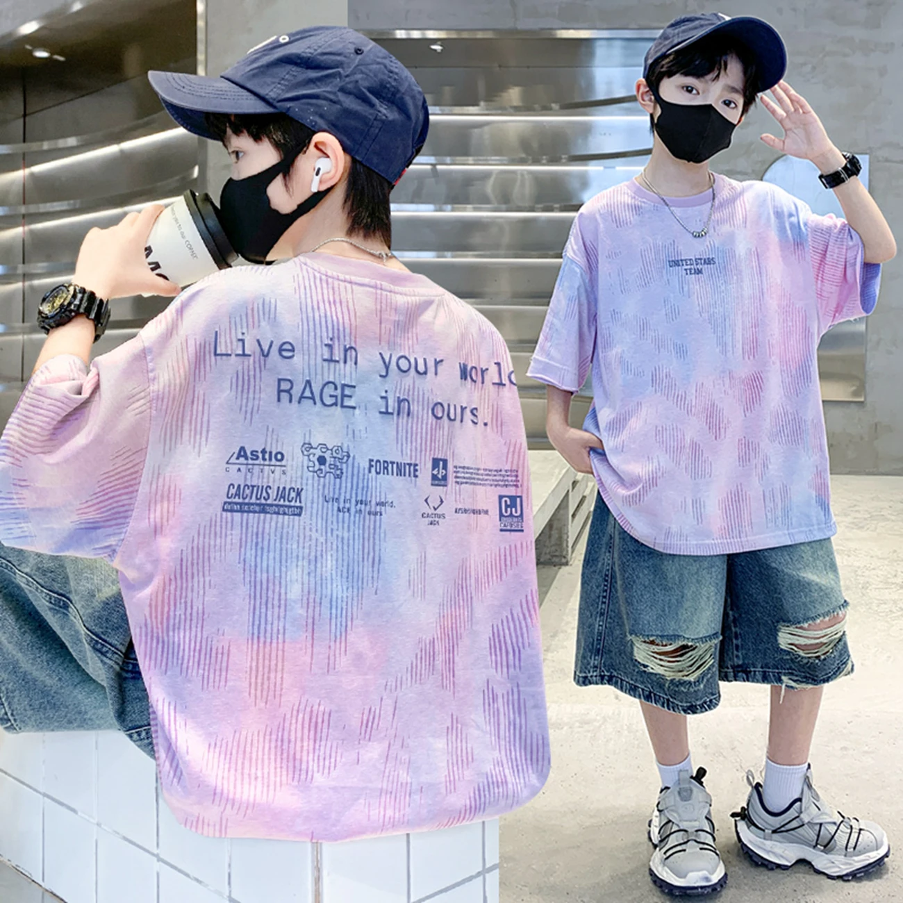 New Summer Young Boys Tie-Dye Clothes Streetwear Print T-shirt Short Sleeve Tops Tees Boys Cotton Tshirts School Clothes 5-15 Y