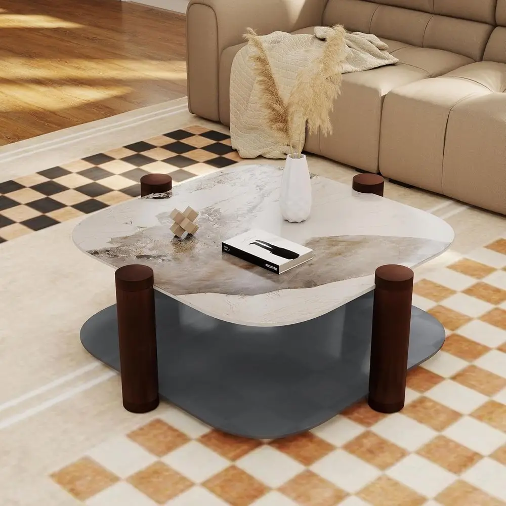 

Mid-Century Modern Marble and Tempered Glass Coffee Table for Living Room and Bedroom