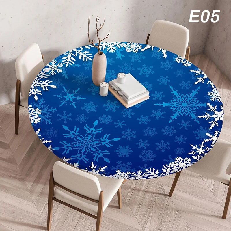 60-120cm Christmas Round Table Cover Home Dining Room Decor Printing Elastic Waterproof Stain-Resistant Dust Tablecloth