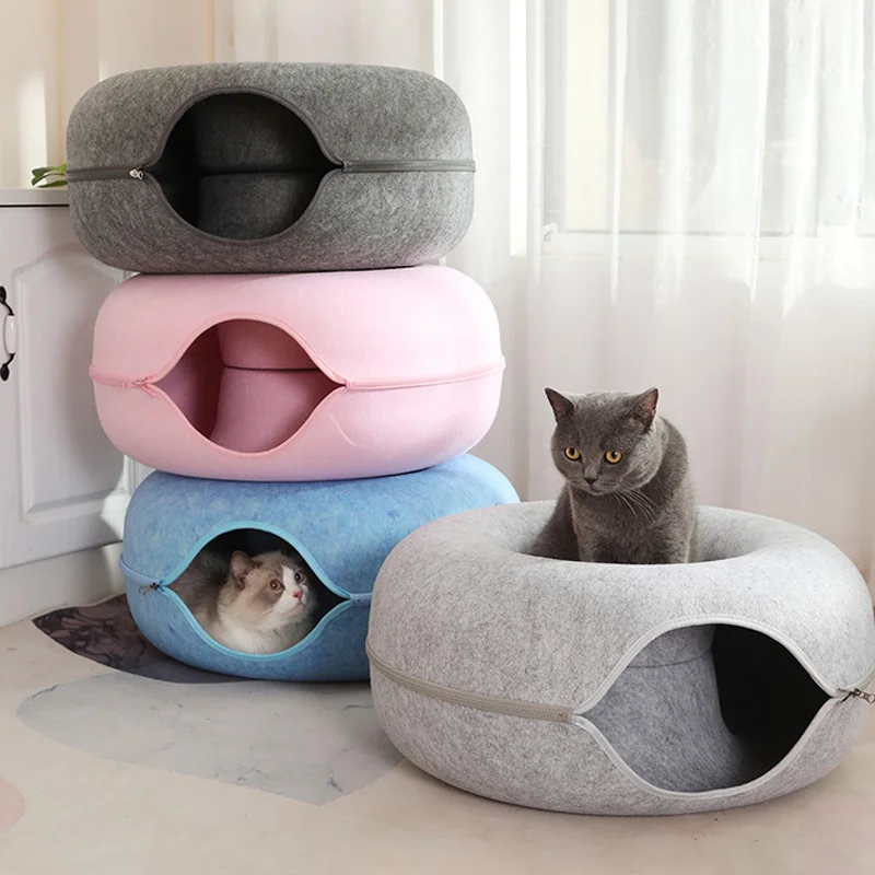 Donut Cat Bed for 2 Cats Detachable Pet Cat Tunnel Interactive Game Toy Dual-use Felt Indoor Kitten Sports Equipment Cat Supplie