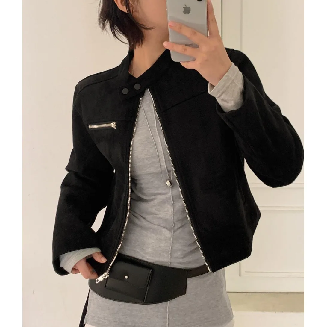 Or Biker Jaet da donna autunno inizio stagione versatile semplice eleganza colletto alla coreana vita alta ular top in pelle scamosciata