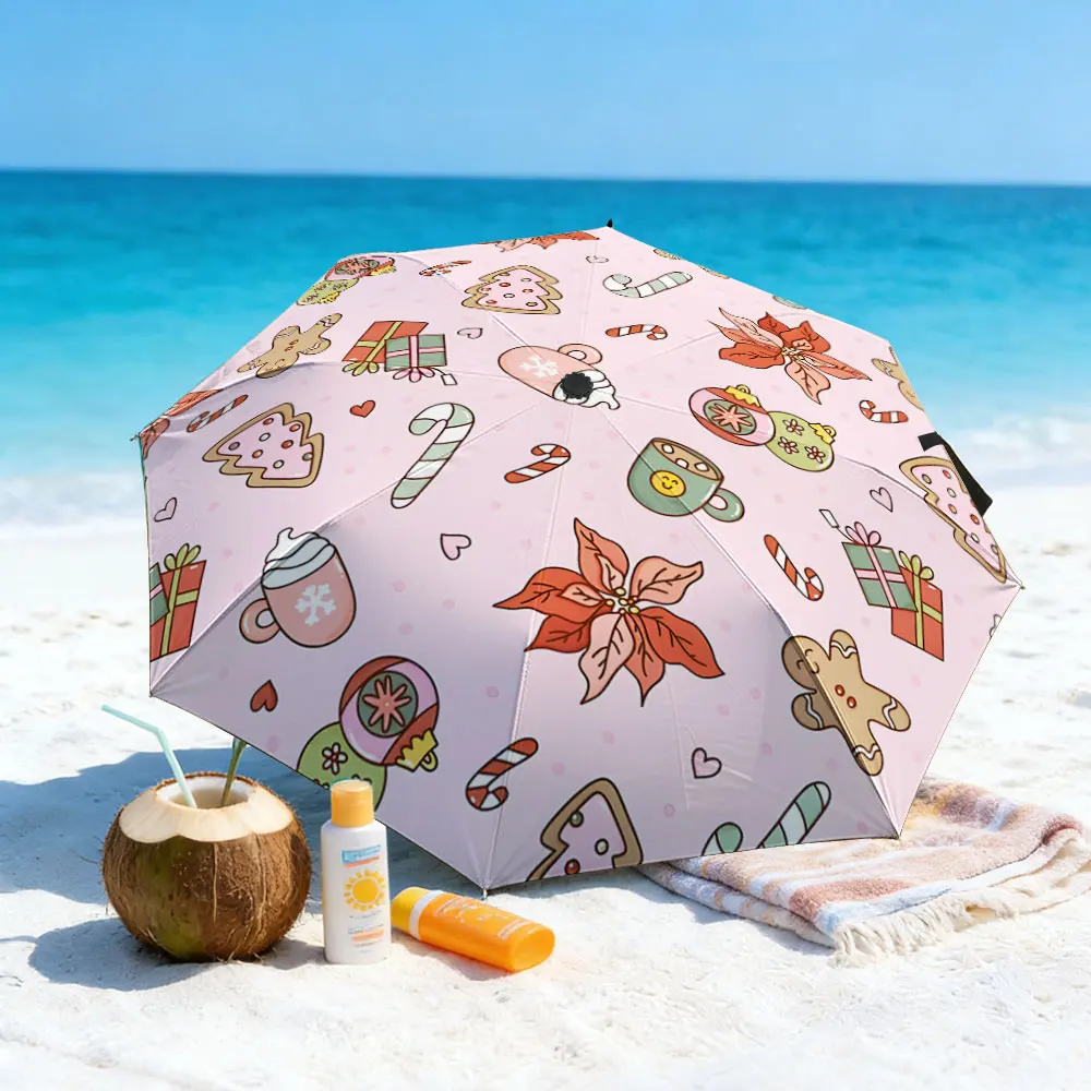 1PC Christmas-themed umbrella during lakeside picnic Print 8 Iron Ribs Folding Umbrella Auto-Open Fashion Sunshade