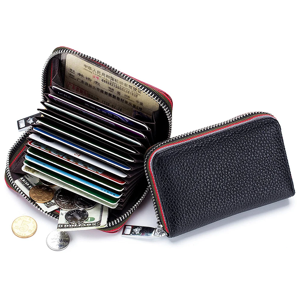Genuine Leather RFID Wallet Men Women Accordion Card Holder Zipper Coin Purse Business Credit ID Card Holder Small Wallet