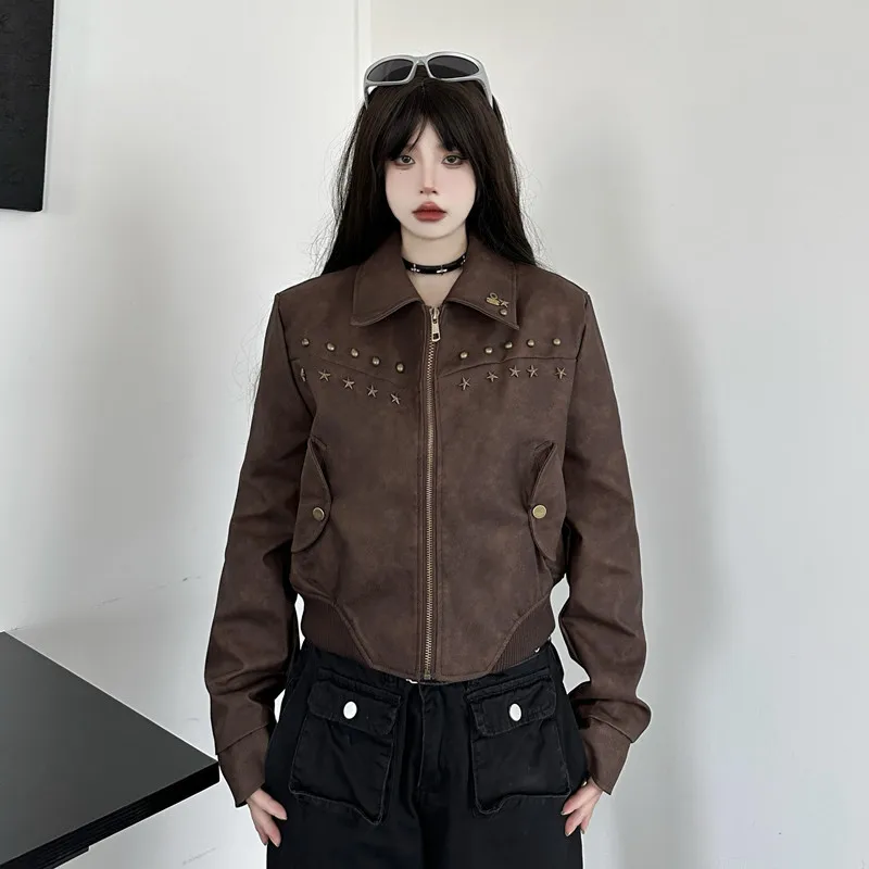 Korean Chic Spring Retro PU Leather Jacket Metal Buttons Loose Long-sleeved Short Coat Women Simple O Neck Streetwear Tops