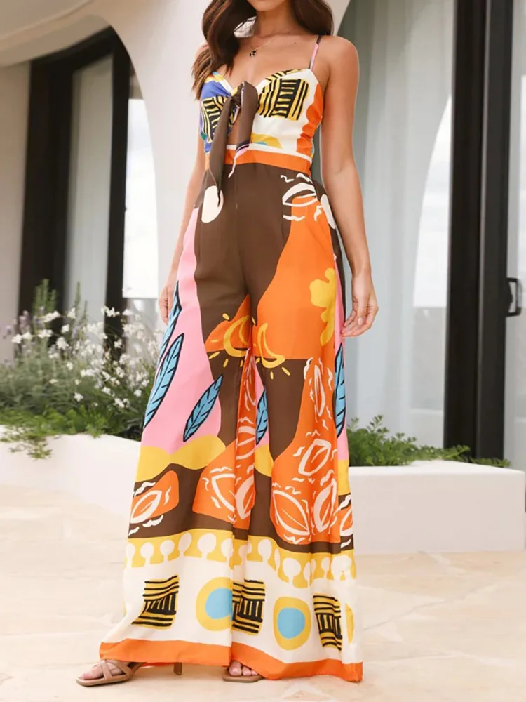 Casual Women Patchwork Pockets Print Rompers Office Lady Slim Wide Leg Pants Hollow Out Female Jumpsuits Streetwear Dropshipping