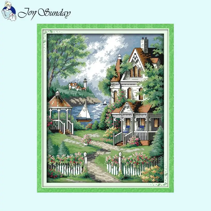 European Villa Landscape Pattern Cross Stitch Kits DMC Thread Aida 14CT 11CT 16CT White Canvas Embroidery Set Home Decor Crafts