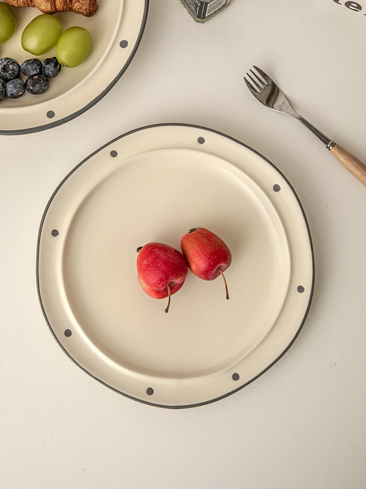 Plato estilo punto mate de 8,5 pulgadas, plato de cerámica con punto ondulado, plato de postre Irregular Retro, vajilla para uso doméstico, plato Beige para servir