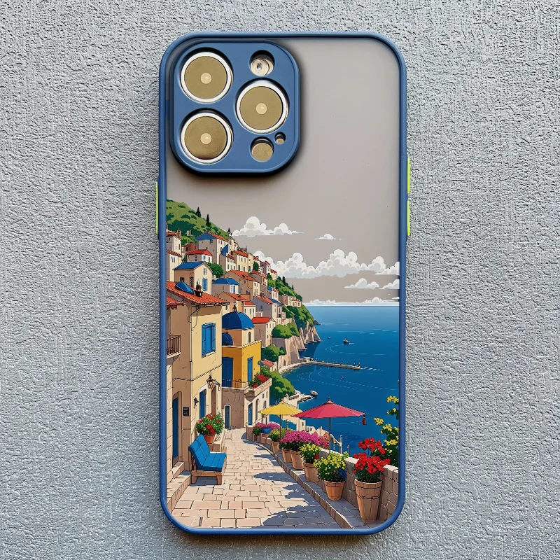 Strandlandschaft Küstenstadt Handyhülle für iPhone 17 15 16 14 Pro Max Plus 13 12 Mini 11 Pro Max XS XR X Blaue Hüllen – Detail 10