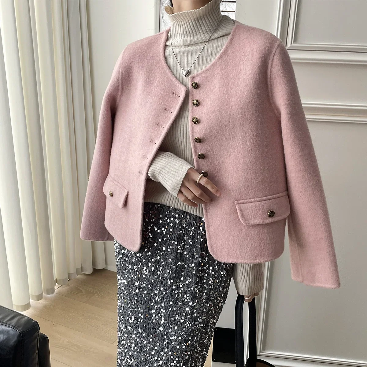 Temperament crew neck wool woolen coat winter new gold buckle loose and thin woolen coat women