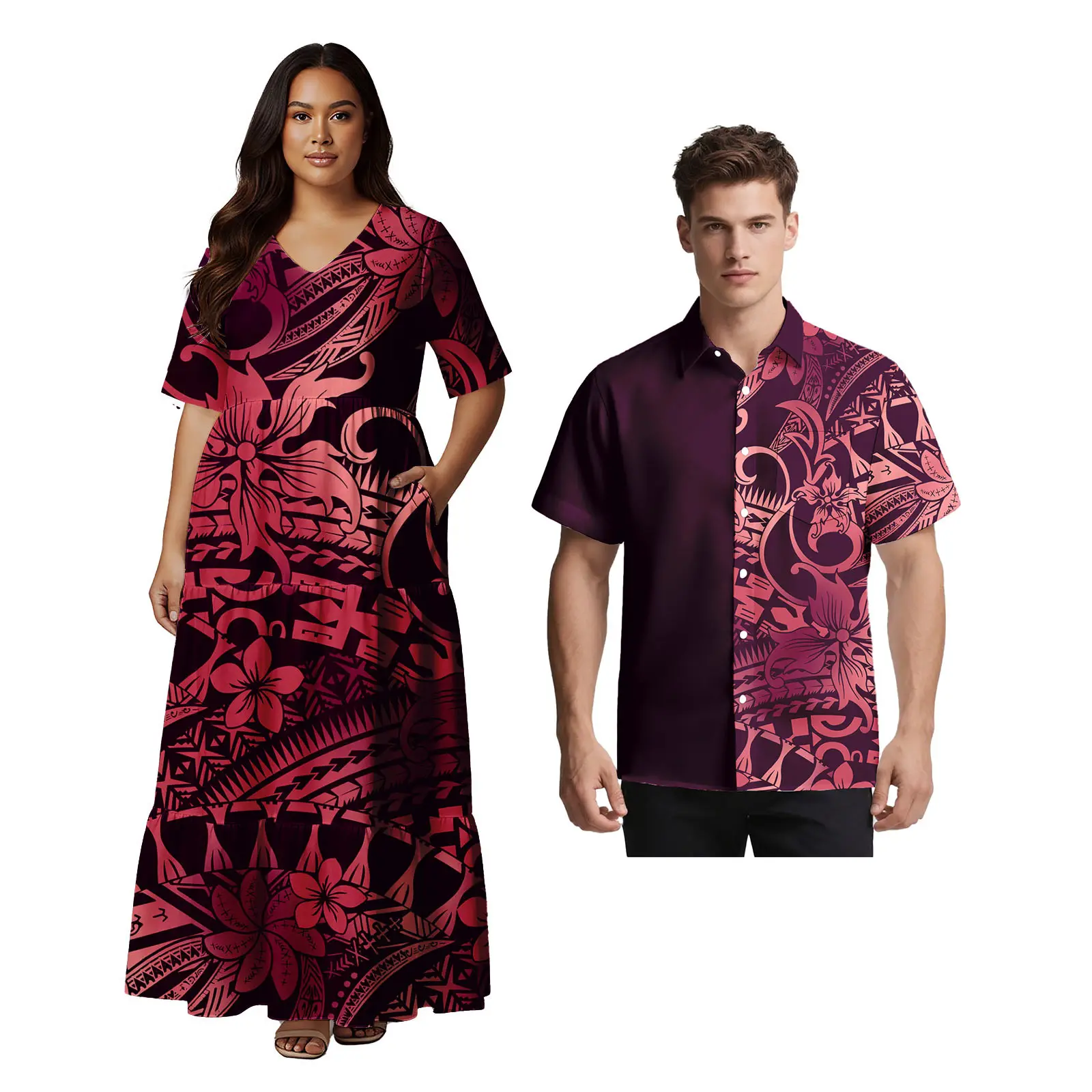 Samoan Ethnic Style Custom Clothes Polynesian Short Sleeve Women Dress Man Aloha T-Shirt Hawaiian Tribal Design Couple 2pc Set - Image 3