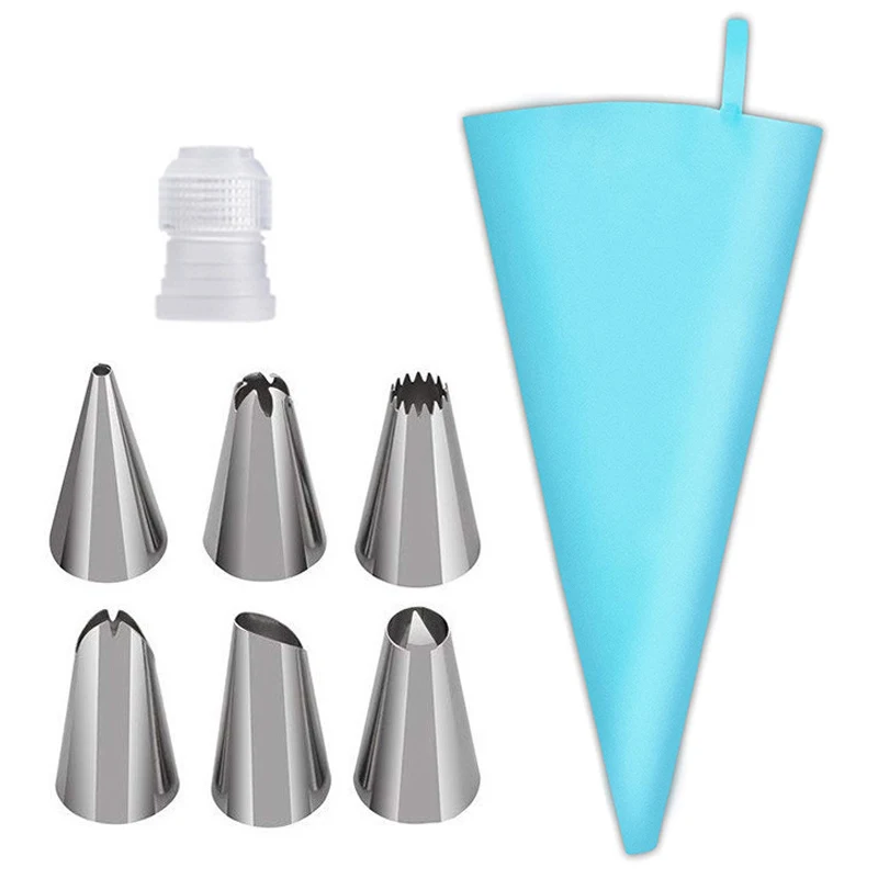 8Pcs/Set Silicone Kitchen Accessories Icing Piping Cream Pastry Bag + 6 Stainless Steel Nozzle Set DIY Cake Decorating Tips Set