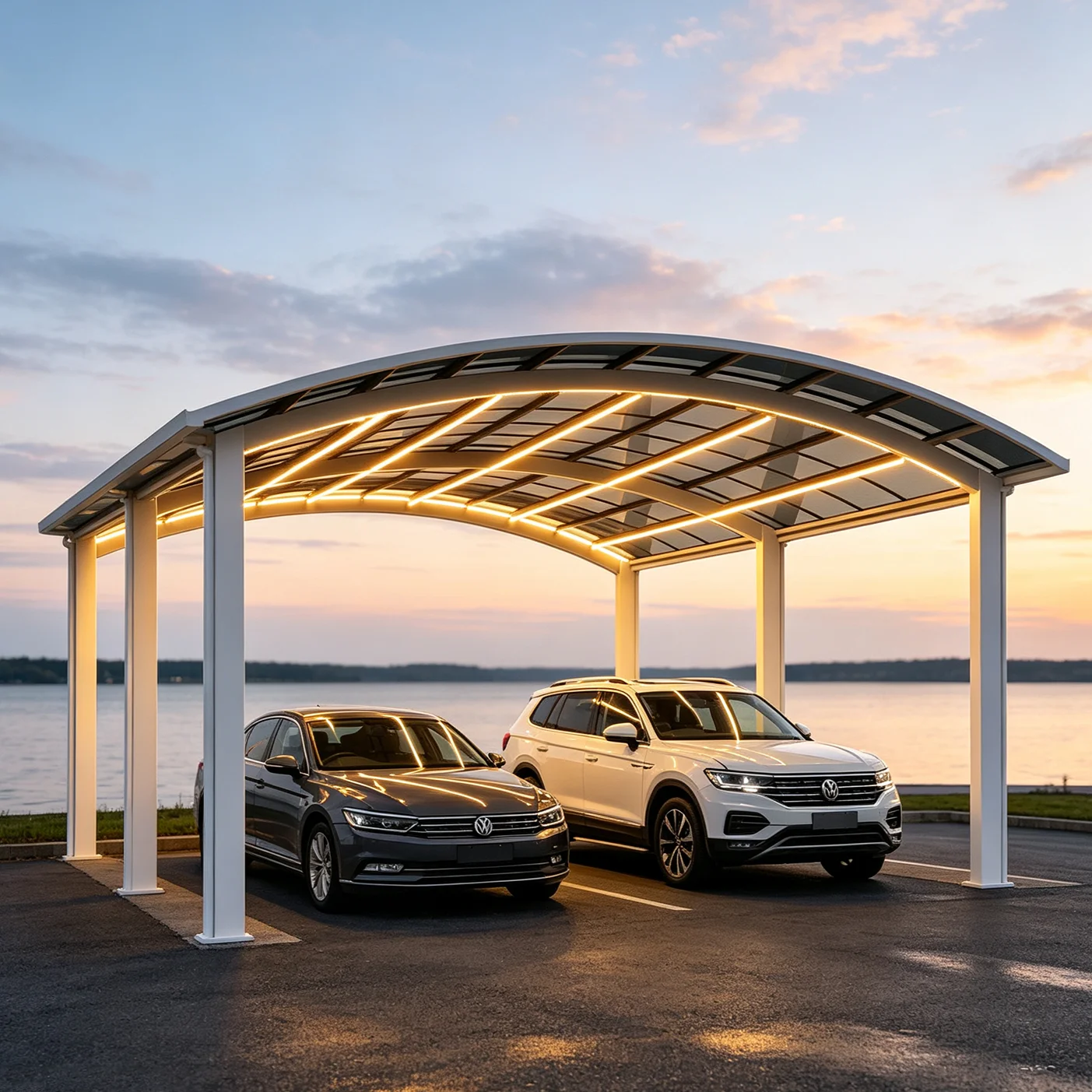 Outdoor Aluminum Car Shelter Carport with LED Lights, Heavy Duty Anti-Typhoon Waterproof UV Arched Garage Canopy