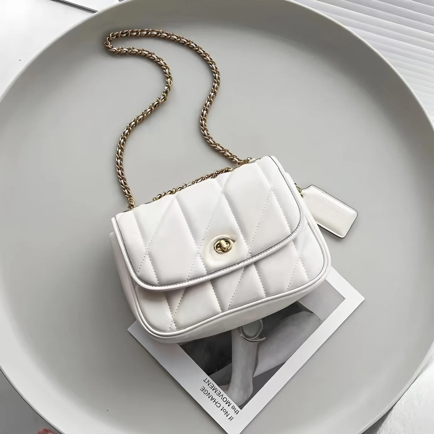 

New White Quilted Leather Crossbody Bag | Gold Chain Shoulder Bag | Minimalist Luxury Handbag for Daily/Party