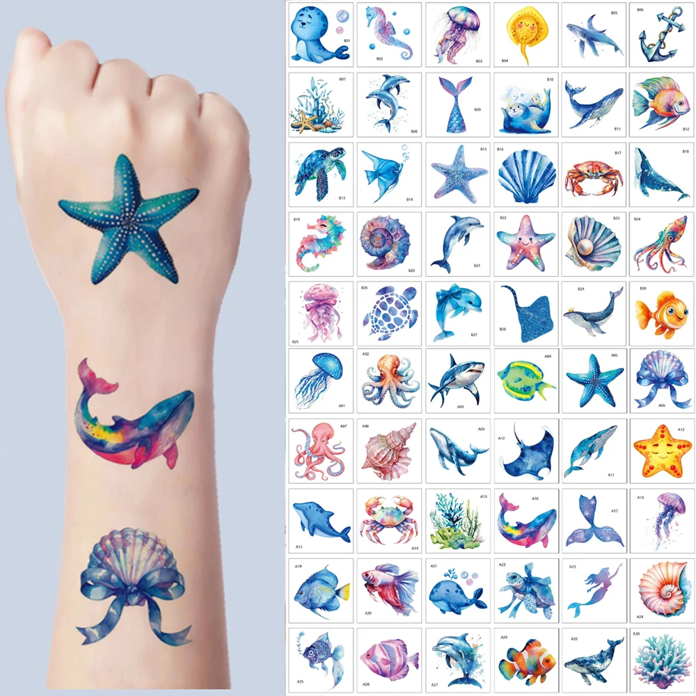 30 قطعة ملصقات الوشم مقاوم للماء لليد الأخطبوط قنديل البحر الحوت القرش المحيط موضوع الوشم المؤقت هيئة الفن لطيف وهمية الوشم