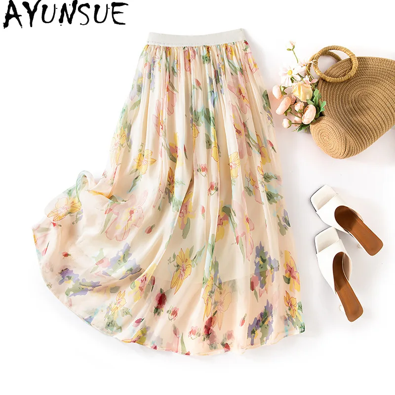 AYUNSUE 100% Silk Women's Skirts Casual High Waist A-Line Skirts for Women Printed Beach Dress 2026 Woman Clothes Summer Юбка