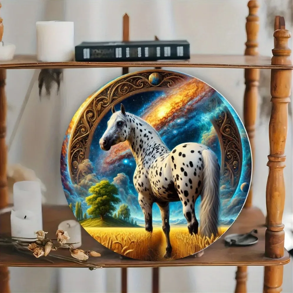 ديكور علامة معدنية من Apaluza Fantasy Horse، لوحة فنية جدارية مستديرة مقاس 7.8 بوصة، قطعة مركزية للإكليل #6