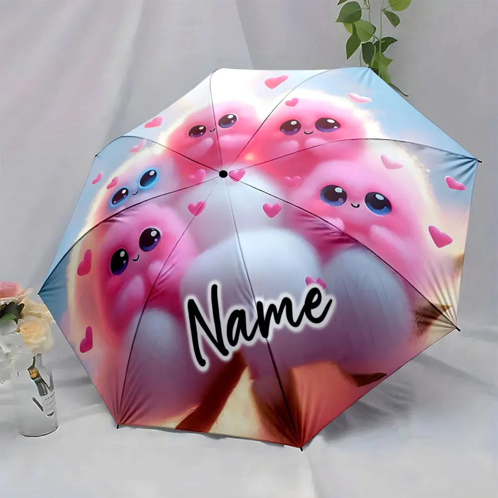 Custom Name  Adorable Pink Fluffy Creatures Umbrella Design Print 8 Iron Ribs Folding Umbrella Auto-Open Fashion Sunshade