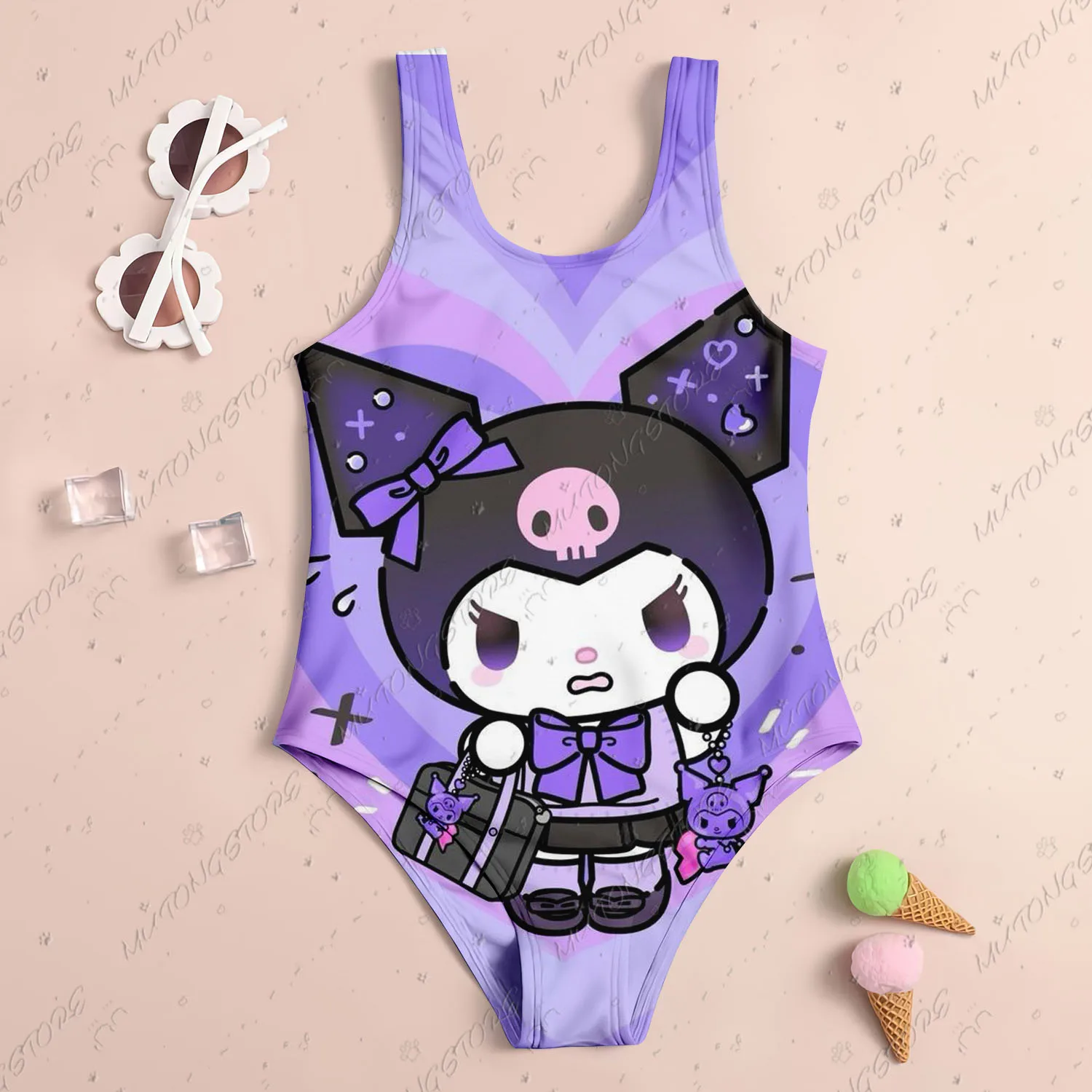 2025 New Cute Children One-Piece Swimsuit Sanrio Kuromi 3D Print Girl Women Swimsuit Soft Breathe Kids Summer Seaside Clothes