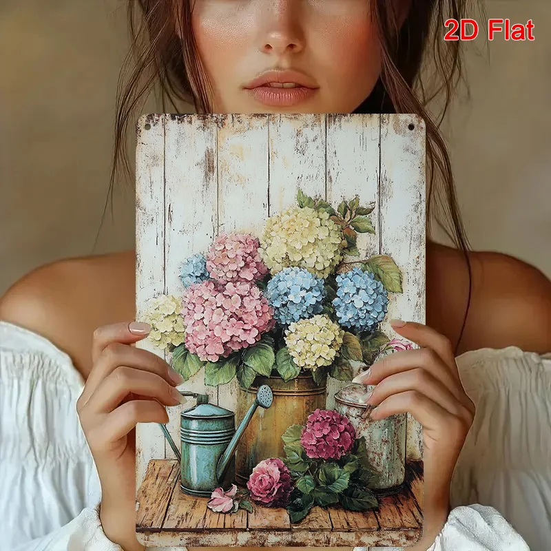 2D Flat Wall Decoration Featuring a Single Hydrangea And Garden Tools Metal Sign - a Vintage Rustic Farmhouse Piece Showcasing H