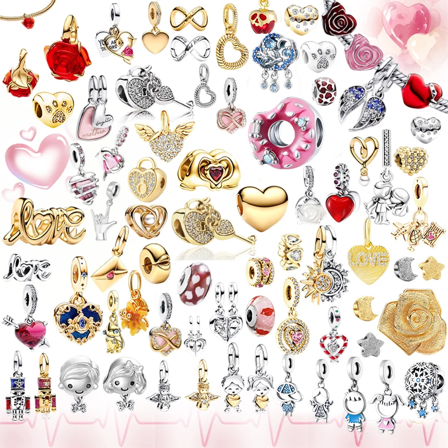 Hot Sale 925 Silver Love Heart Rose Donut Charms Fit Bracelet,Gold Plated DIY Beads Pendant For Women Girls Jewelry Making Gifts