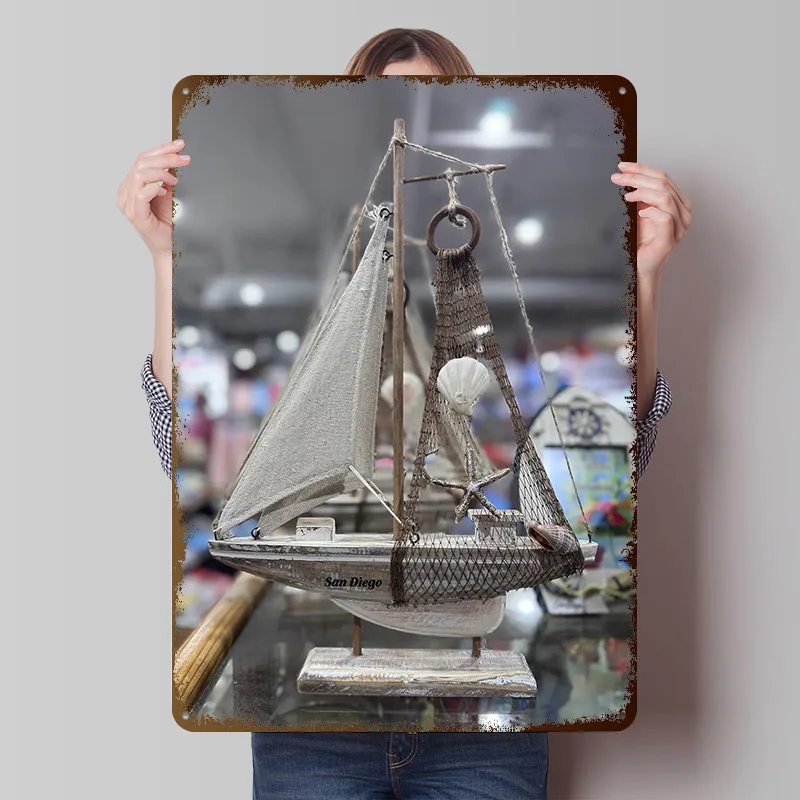 San Diego Sailboat With Seashells Tinplate Poster Custom Wall Art Vintage Metal Signs Retro Tin Plaque for Bedroom Decorations
