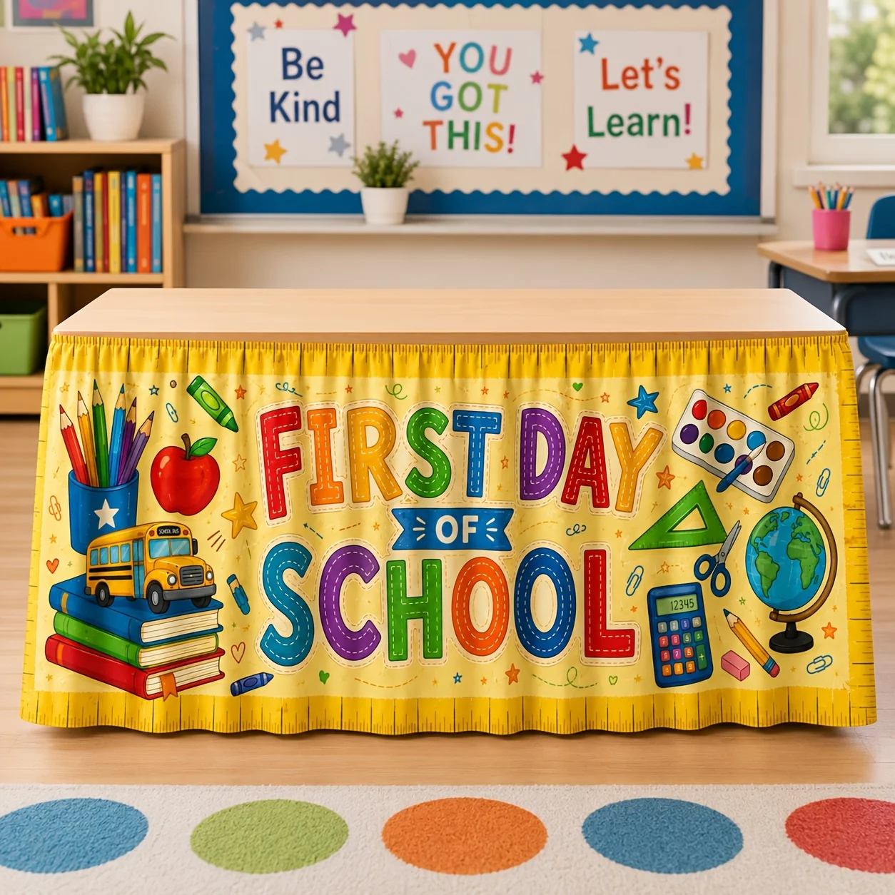 Party table skirt, 1-piece set, colorful classroom supplies design for the first day of school, table skirt print patternzyc