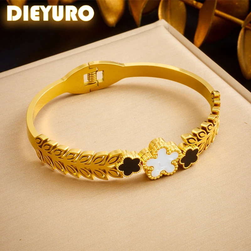 DIEYURO 316L Stainless Steel Golden Colour White Beihua Black Wheat Ear Bracelet For Girl New Fashion Loop Wrist Jewelry Gifts