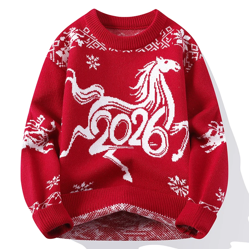 Horse Year 2026 Chinese Style Knitted Men Sweater Long Sleeved Winter Quality Soft Comfortable Pullovers Sueters De Hombre M-4XL