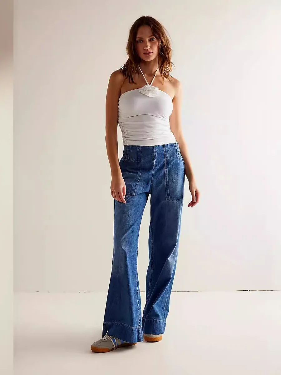 Low Waist Trendy Loose Women's Jeans Slimming Denim Trousers Wide Leg Pants Casual Fashion Blue Striped Denim Long Pants