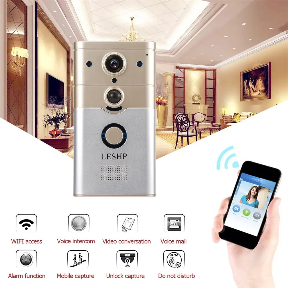 

LESHP Wireless Remote Control Electronic Visible HD 720P Video Picture 1/4 COMS 1 Mega-Pixels 12V/1A Wi-Fi Smart Doorbell