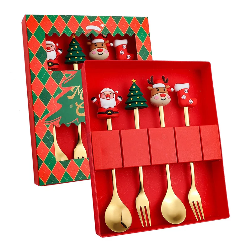 20Set/Lot Christmas Fork Spoon Set Cartoon Cute Christmas Tree Dessert Cake Spoon Creative Tableware Saint Birthday gifts