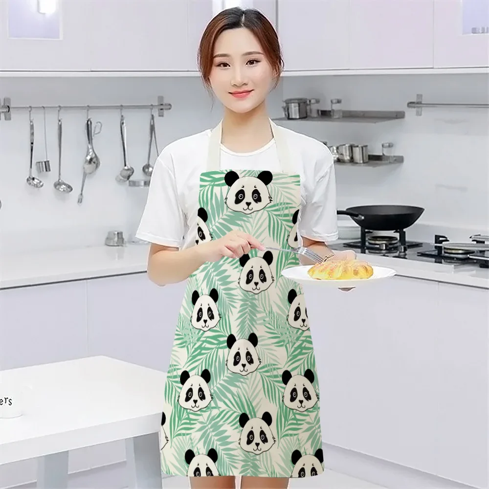 1Pcs Cute Panda Letter Kitchen Aprons For Women Cotton Linen Bibs Household Cleaning Pinafore Home Cooking Apron 55x68cm