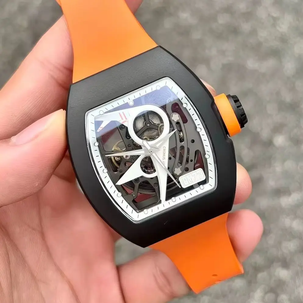 CRONUSART Men Automatic Watch Tonneau Mechanical Wristwatch Sapphire Mirror Luminous Fluororubber Strap Skeleton Aviator Dial