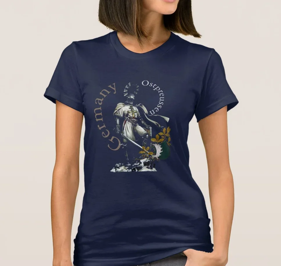 Teutonic Knight In East Prussia with Ostpreussen Circular Text and Prussian Oak Leaves with The Moose Antler Women's T-Shirt