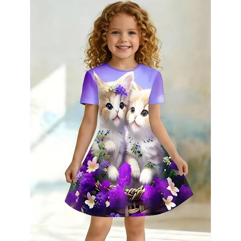 Girl Cute Kitten and Purple Flower Printed T-shirt Dress, Children's Animal Enthusiasts Casual Dress Suitable for Birthday Gifts