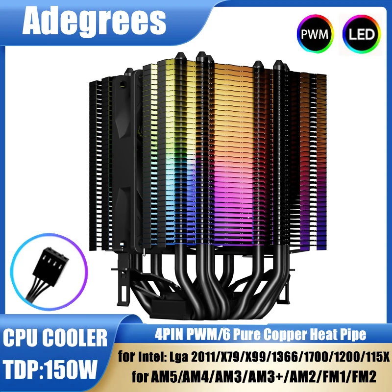 

Воздушный кулер для процессора AM4, 6 тепловых трубок, башенный RGB-вентилятор охлаждения для Intel LGA 775 1150 1151 1156 1366 1200 1700 2011, AMD AM3 AM4 AM5